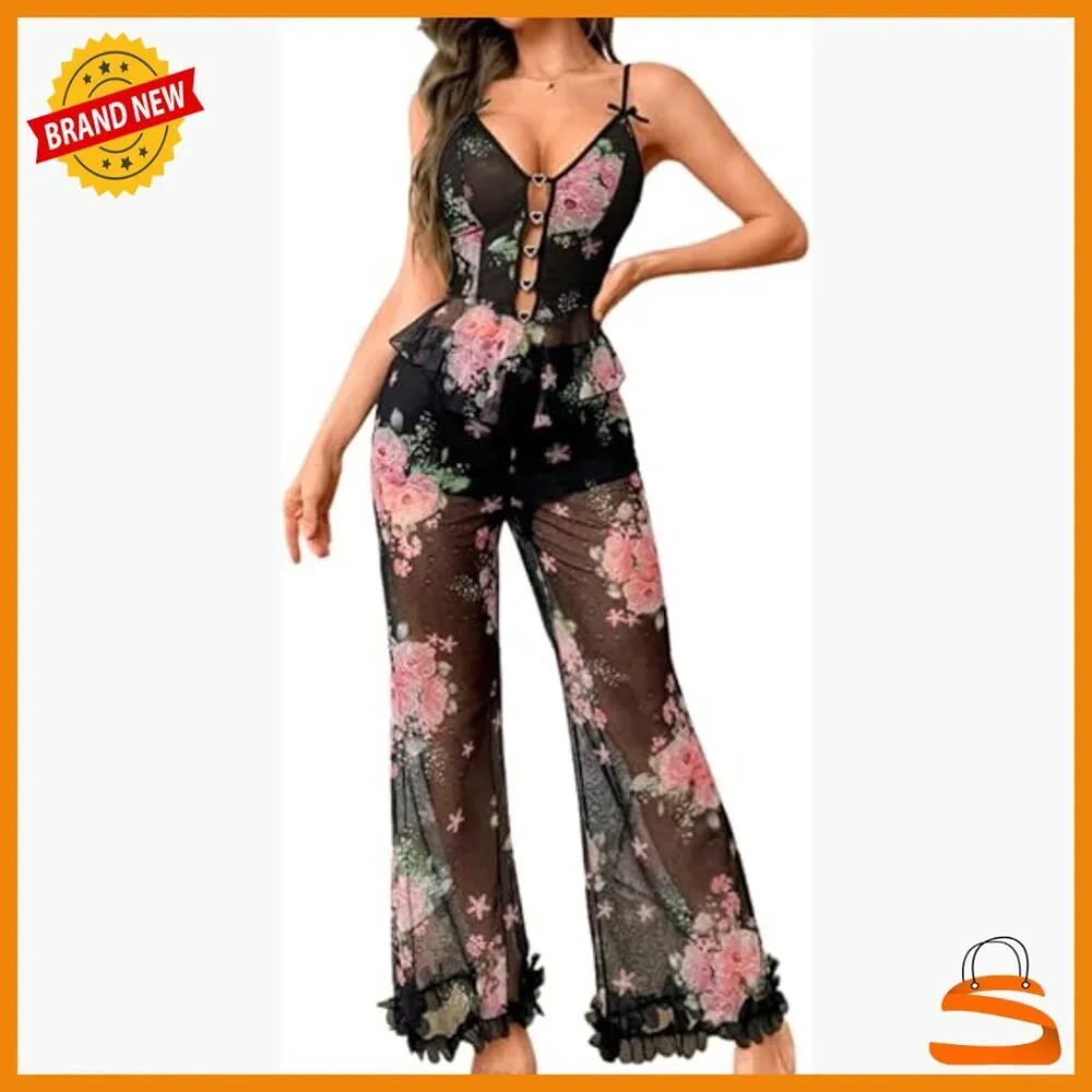 Sheer Mesh Pajama Set with Rhinestone Cami & Ruffle Pants, Romantic Floral